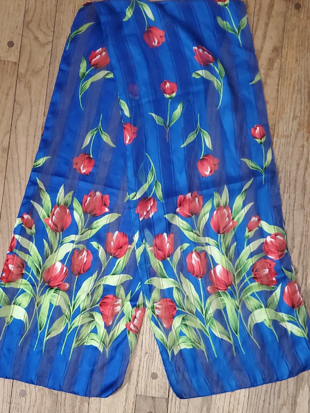Womens Silky Scarf BLUE W/ RED TULIPS Shadow Striped Floral Rectangle 11" X 60"